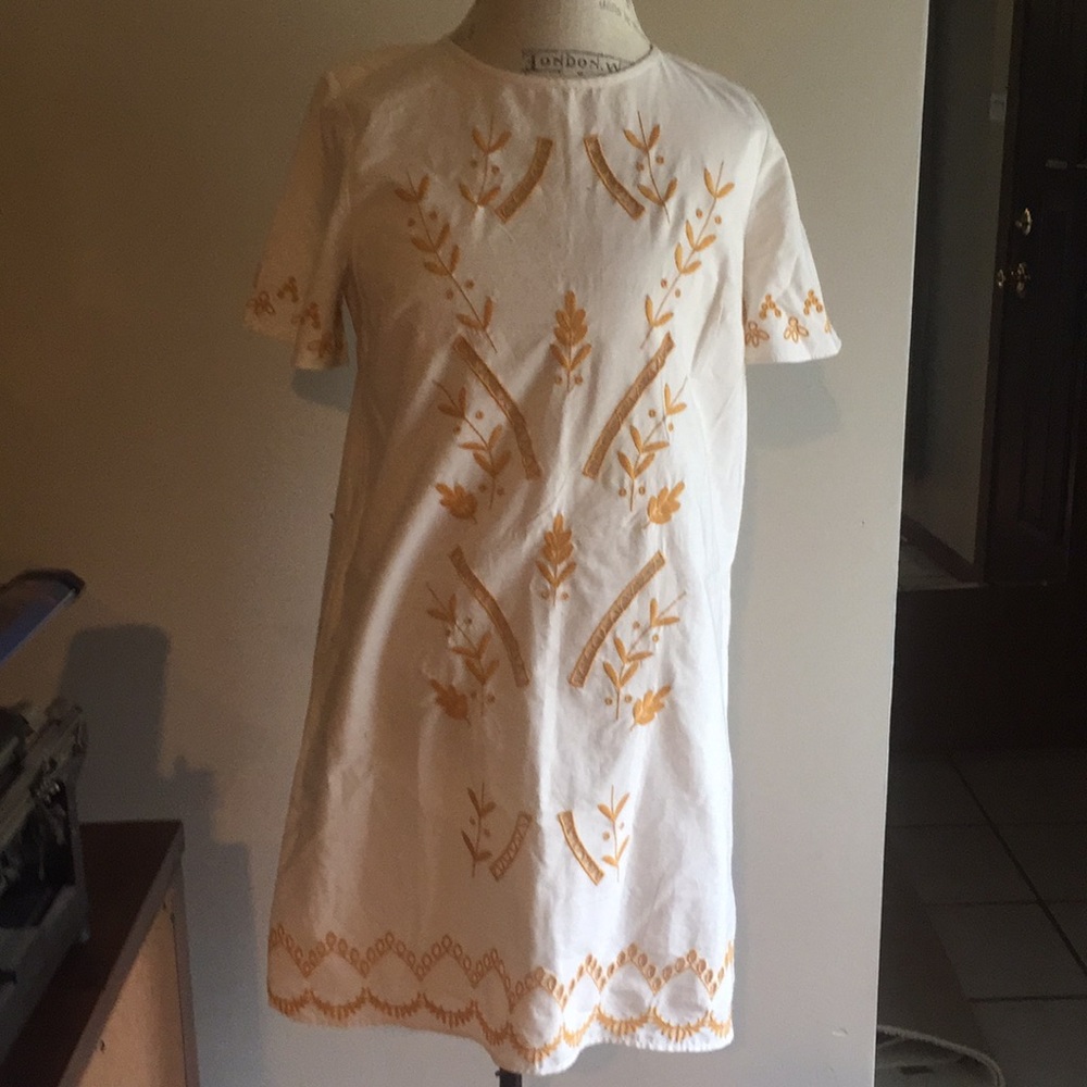 Ann Taylor Loft Cream Dress with Gold Embroidery